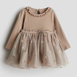 H&M Tan and Gold Toddler Tulle Holiday Bow Dress NWT